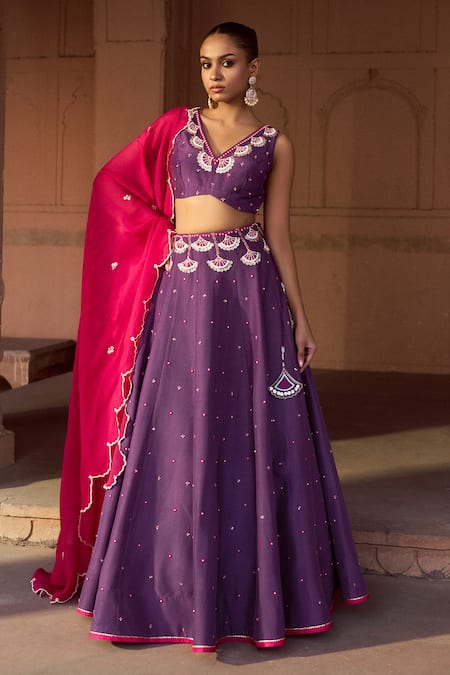 Sonal Pasrija Purple Silk, Organza Beads, Sequins, Embroidery V-neck And Lehenga Set