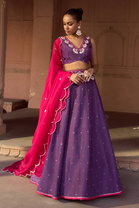 Sonal Pasrija Purple Silk, Organza Beads, Sequins, Embroidery V-neck And Lehenga Set Online at Aza Fashions Sonal Pasrija_Purple Silk, Organza Beads, Sequins, Embroidery V-neck And Lehenga Set _Online_at_Aza_Fashions