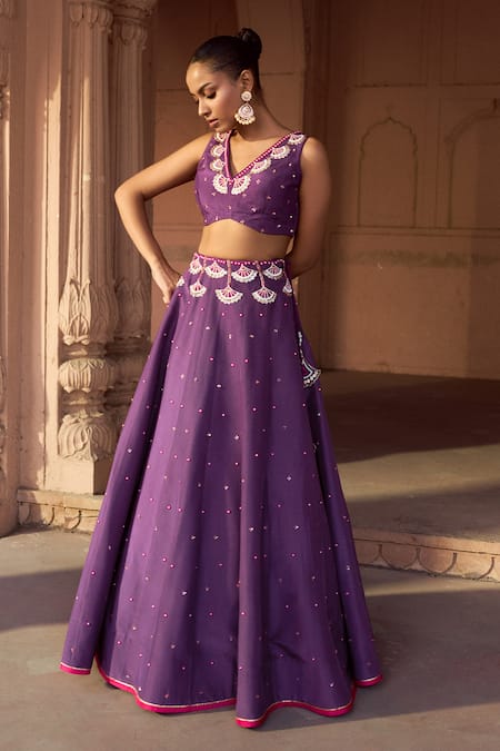 Buy Sonal Pasrija Purple Silk, Organza Beads, Sequins, Embroidery V-neck And Lehenga Set Online at Aza Fashions Buy_Sonal Pasrija_Purple Silk, Organza Beads, Sequins, Embroidery V-neck And Lehenga Set _Online_at_Aza_Fashions