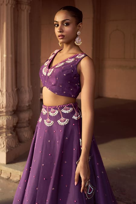 Shop Sonal Pasrija Purple Silk, Organza Beads, Sequins, Embroidery V-neck And Lehenga Set Online at Aza Fashions Shop_Sonal Pasrija_Purple Silk, Organza Beads, Sequins, Embroidery V-neck And Lehenga Set _Online_at_Aza_Fashions