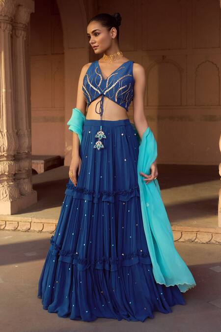 Sonal Pasrija Blue Silk, Organza, Georgette Sequins, Beads V-neck Frill Tiered Lehenga Set Online at Aza Fashions Sonal Pasrija_Blue Silk, Organza, Georgette Sequins, Beads V-neck Frill Tiered Lehenga Set _Online_at_Aza_Fashions
