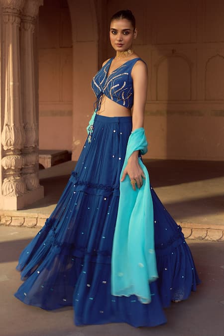 Buy Sonal Pasrija Blue Silk, Organza, Georgette Sequins, Beads V-neck Frill Tiered Lehenga Set Online at Aza Fashions Buy_Sonal Pasrija_Blue Silk, Organza, Georgette Sequins, Beads V-neck Frill Tiered Lehenga Set _Online_at_Aza_Fashions