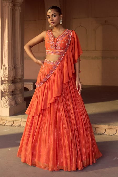 Sonal Pasrija Orange Silk, Georgette, Lurex Embroidery V-neck Floral Gathered Lehenga Set 