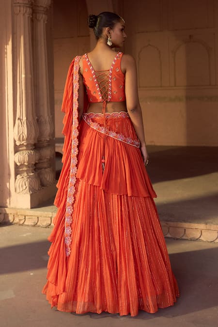 Shop_Sonal Pasrija_Orange Silk, Georgette, Lurex Embroidery V-neck Floral Gathered Lehenga Set _at_Aza_Fashions