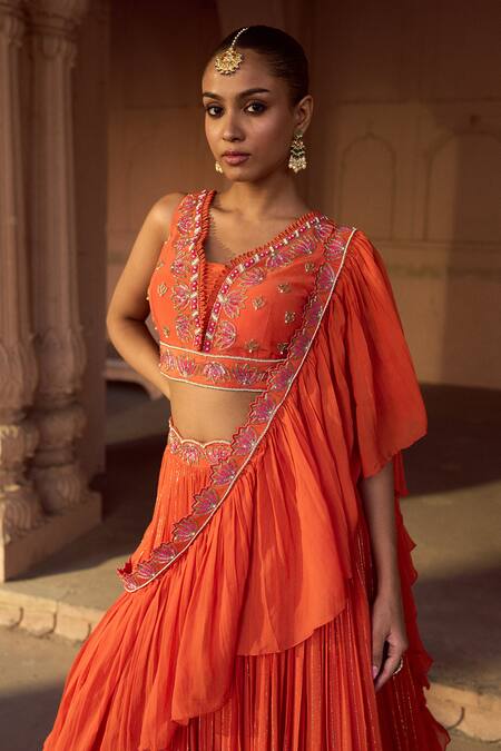 Buy_Sonal Pasrija_Orange Silk, Georgette, Lurex Embroidery V-neck Floral Gathered Lehenga Set _Online_at_Aza_Fashions