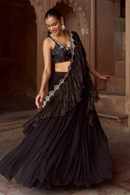 Sonal Pasrija_Black Silk, Organza, Georgette Embroidery V-neck Cutwork Gathered Lehenga Set _Online_at_Aza_Fashions