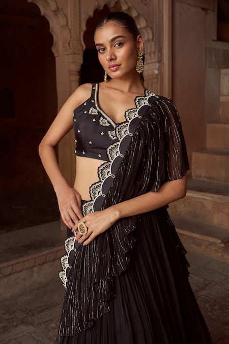 Buy_Sonal Pasrija_Black Silk, Organza, Georgette Embroidery V-neck Cutwork Gathered Lehenga Set _Online_at_Aza_Fashions
