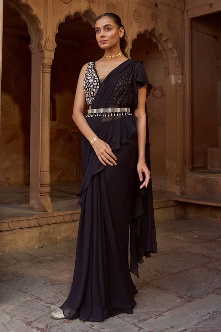 Sonal Pasrija_Black Silk, Net, Georgette Embroidery V-neck Pre-draped Saree With Blouse _Online_at_Aza_Fashions