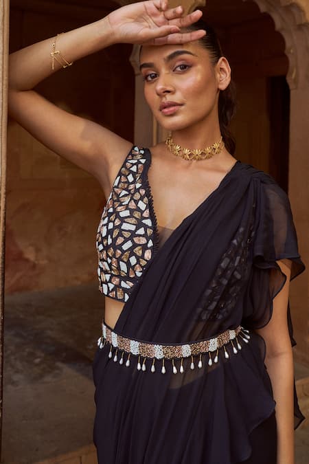 Buy_Sonal Pasrija_Black Silk, Net, Georgette Embroidery V-neck Pre-draped Saree With Blouse _Online_at_Aza_Fashions