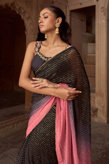 Buy_Sonal Pasrija_Black Silk, Lurex Embroidery Sweetheart Neck Ombre Pre-draped Saree With Blouse _Online_at_Aza_Fashions