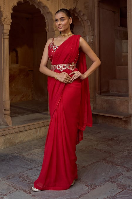 Sonal Pasrija Solid Pre-Draped Saree With Embroidered Blouse 