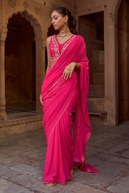 Sonal Pasrija Lace Border Pre-Draped Saree With Blouse 