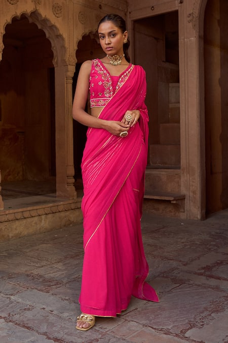 Sonal Pasrija Fuchsia Silk, Georgette, Lurex Lace Border Pre-draped Saree With Blouse Online at Aza Fashions Sonal Pasrija_Fuchsia Silk, Georgette, Lurex Lace Border Pre-draped Saree With Blouse _Online_at_Aza_Fashions