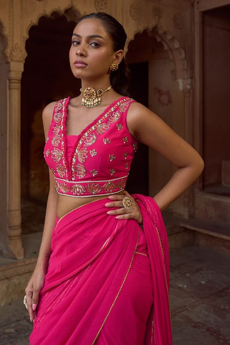 Buy Sonal Pasrija Fuchsia Silk, Georgette, Lurex Lace Border Pre-draped Saree With Blouse Online at Aza Fashions Buy_Sonal Pasrija_Fuchsia Silk, Georgette, Lurex Lace Border Pre-draped Saree With Blouse _Online_at_Aza_Fashions