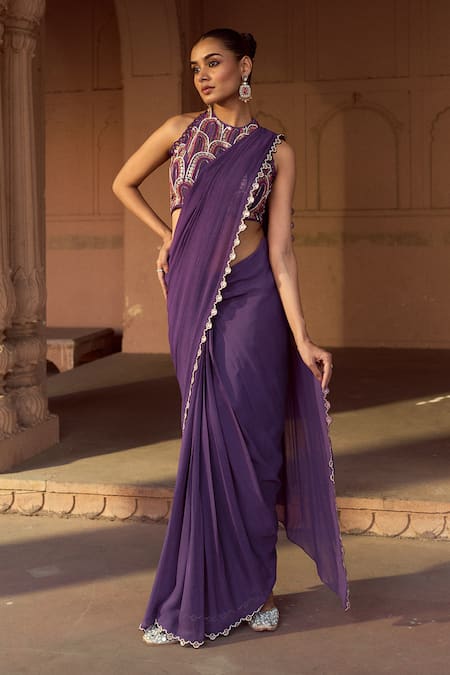 Sonal Pasrija Purple Persian Art Embroidered Blouse With Scallop Border Pre-draped Saree