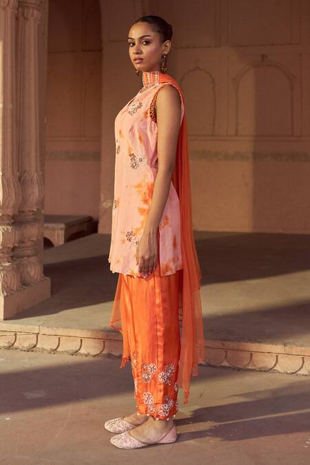 Sonal Pasrija_Peach Silk, Net Embroidery, Beads, Sequins Tie Dye Fleur Kurta Palazzo Set _Online_at_Aza_Fashions