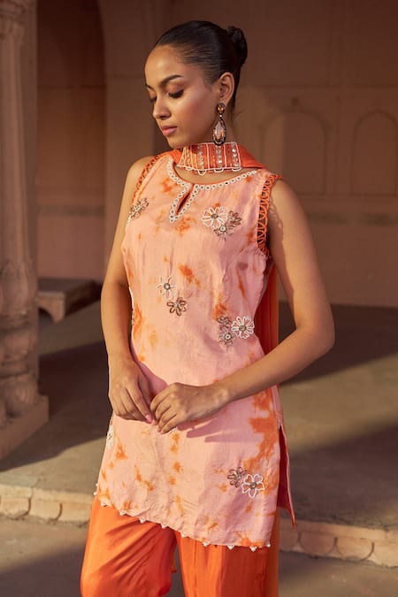 Buy_Sonal Pasrija_Peach Silk, Net Embroidery, Beads, Sequins Tie Dye Fleur Kurta Palazzo Set _Online_at_Aza_Fashions