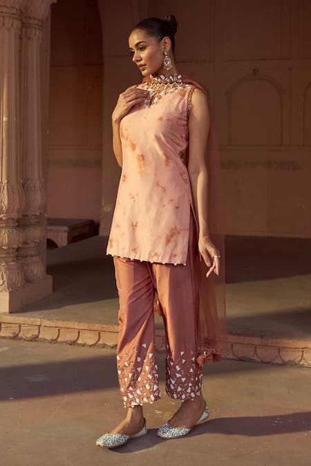 Sonal Pasrija_Beige Silk, Net Beads, Sequins Tie Dye Prism Embroidered Kurta Palazzo Set _Online_at_Aza_Fashions