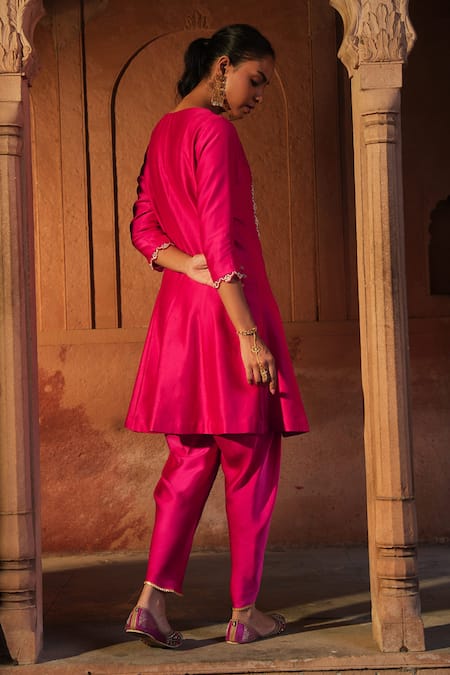Shop Sonal Pasrija Pink Chanderi, Scallop Fleur Embellished Kalidaar Short Kurta With Tulip Pant at Aza Fashions Shop_Sonal Pasrija_Pink Chanderi, Scallop Fleur Embellished Kalidaar Short Kurta With Tulip Pant _at_Aza_Fashions