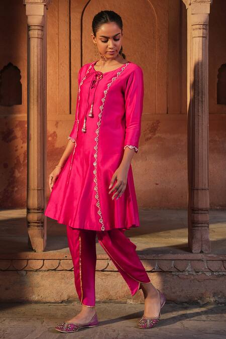 Sonal Pasrija Pink Chanderi, Scallop Fleur Embellished Kalidaar Short Kurta With Tulip Pant Online at Aza Fashions Sonal Pasrija_Pink Chanderi, Scallop Fleur Embellished Kalidaar Short Kurta With Tulip Pant _Online_at_Aza_Fashions