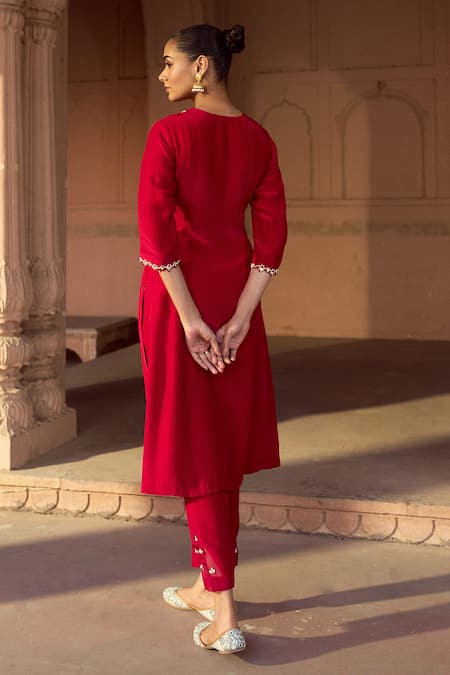Shop Sonal Pasrija Red Silk, Organza Sequins, Rafflesia Bloom Embellished A-line Kurta With Pant at Aza Fashions Shop_Sonal Pasrija_Red Silk, Organza Sequins, Rafflesia Bloom Embellished A-line Kurta With Pant _at_Aza_Fashions