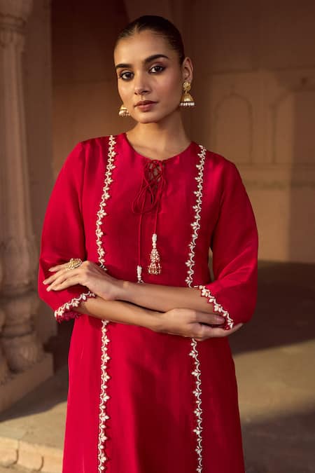 Buy Sonal Pasrija Red Silk, Organza Sequins, Rafflesia Bloom Embellished A-line Kurta With Pant Online at Aza Fashions Buy_Sonal Pasrija_Red Silk, Organza Sequins, Rafflesia Bloom Embellished A-line Kurta With Pant _Online_at_Aza_Fashions