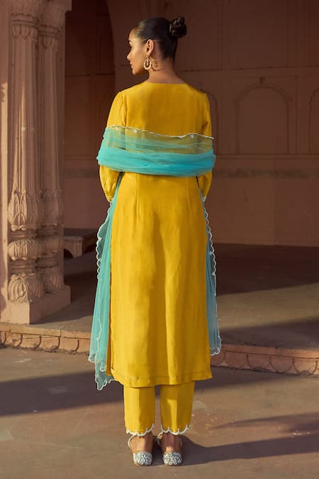 Shop Sonal Pasrija Yellow Silk, Net Sequins, Beads Buttercup Bloom Embellished Yoke Kurta Pant Set at Aza Fashions Shop_Sonal Pasrija_Yellow Silk, Net Sequins, Beads Buttercup Bloom Embellished Yoke Kurta Pant Set _at_Aza_Fashions