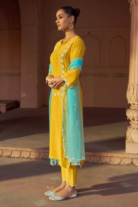 Sonal Pasrija Yellow Silk, Net Sequins, Beads Buttercup Bloom Embellished Yoke Kurta Pant Set Online at Aza Fashions Sonal Pasrija_Yellow Silk, Net Sequins, Beads Buttercup Bloom Embellished Yoke Kurta Pant Set _Online_at_Aza_Fashions