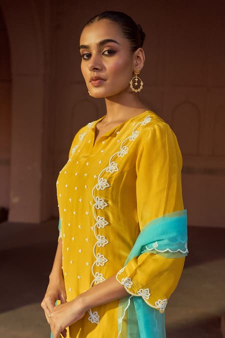 Buy Sonal Pasrija Yellow Silk, Net Sequins, Beads Buttercup Bloom Embellished Yoke Kurta Pant Set Online at Aza Fashions Buy_Sonal Pasrija_Yellow Silk, Net Sequins, Beads Buttercup Bloom Embellished Yoke Kurta Pant Set _Online_at_Aza_Fashions