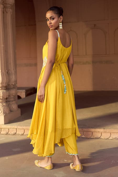 Shop Sonal Pasrija Yellow Silk, Georgette, Lurex Half Glittery Striped Asymmetric Kurta Pant Set at Aza Fashions Shop_Sonal Pasrija_Yellow Silk, Georgette, Lurex Half Glittery Striped Asymmetric Kurta Pant Set _at_Aza_Fashions