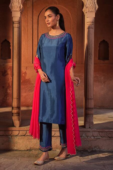 Sonal Pasrija Blue Silk, Organza, Linen Sequins, Beads Ditsy Fleur Embroidered Kurta Pant Set Online at Aza Fashions Sonal Pasrija_Blue Silk, Organza, Linen Sequins, Beads Ditsy Fleur Embroidered Kurta Pant Set _Online_at_Aza_Fashions