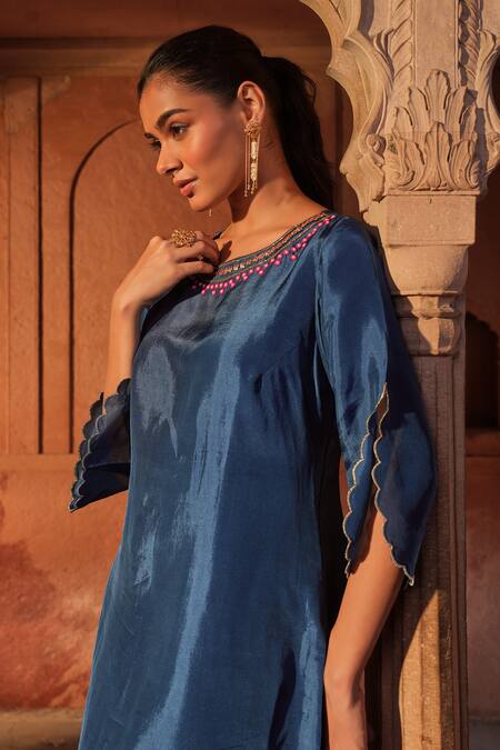 Buy Sonal Pasrija Blue Silk, Organza, Linen Sequins, Beads Ditsy Fleur Embroidered Kurta Pant Set Online at Aza Fashions Buy_Sonal Pasrija_Blue Silk, Organza, Linen Sequins, Beads Ditsy Fleur Embroidered Kurta Pant Set _Online_at_Aza_Fashions