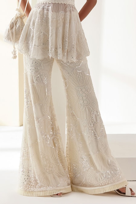 Buy_Mishru_Ivory Tulle Pearls, Sequins, Beads Nerisa Embroidered Peplum Tunic With Pant _Online_at_Aza_Fashions