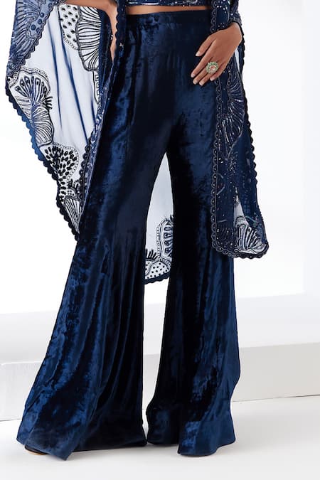 Shop_Mishru_Blue Cape Organza Embroidery Sequins Sweetheart Neck Iris Noir Pant Set _Online_at_Aza_Fashions