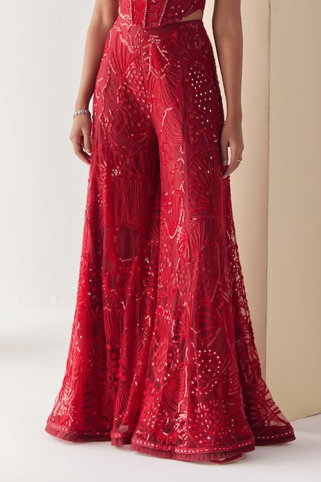 Mishru_Red Tulle Embroidery Sequins Off Hera Florid Crest Corset With Flared Pant _at_Aza_Fashions