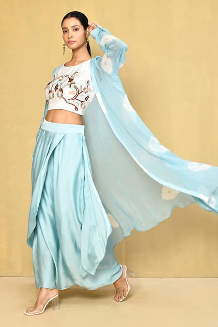 Naintara Bajaj Blue Skirt And Top Satin Embroidered Sequin Round Longline Jacket Draped Set