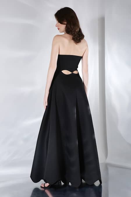 Shop_Ozeqo_Black Neoprene Cut Work One Shoulder Francesca Gown _at_Aza_Fashions