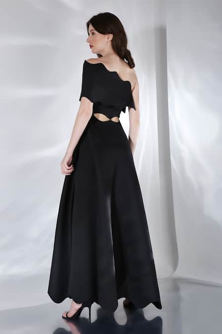 Shop_Ozeqo_Black Neoprene Cut Work Crew Neck Francesca Gown And Wrap Set _at_Aza_Fashions