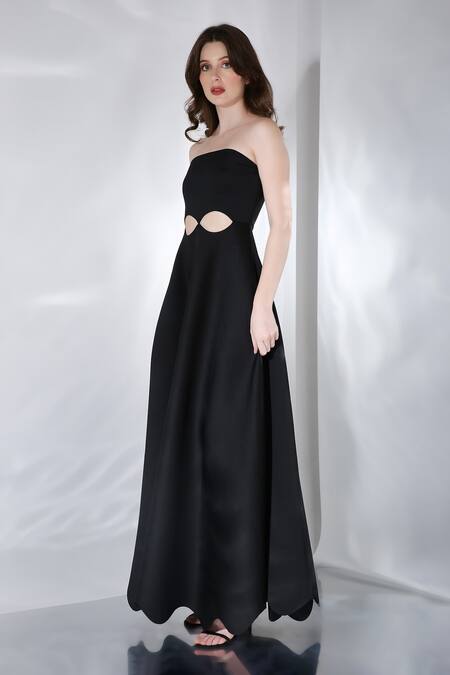 Buy_Ozeqo_Black Neoprene Cut Work Crew Neck Francesca Gown And Wrap Set _Online_at_Aza_Fashions