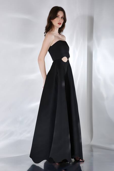 Shop_Ozeqo_Black Neoprene Cut Work Crew Neck Francesca Gown And Wrap Set _Online_at_Aza_Fashions