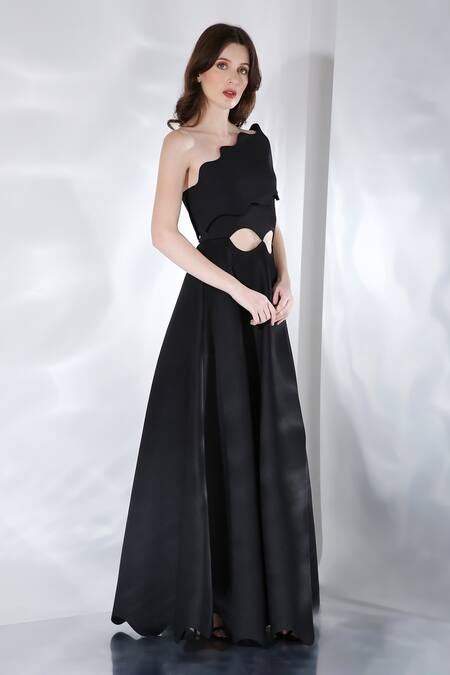 Shop_Ozeqo_Black Neoprene Cut Work Crew Neck Francesca Gown And Wrap Set 