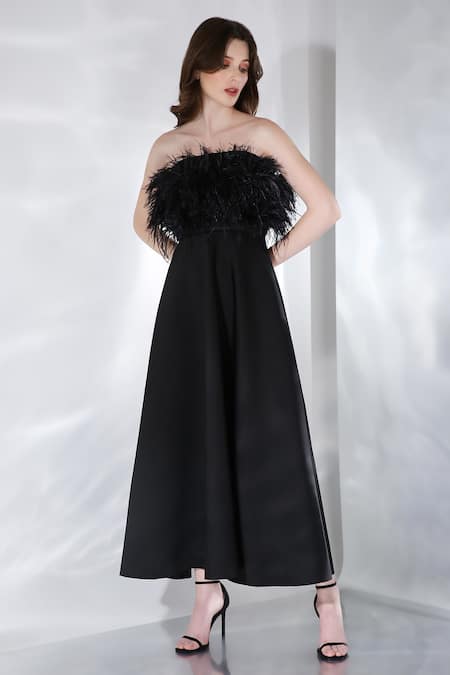 Ozeqo Black Neoprene Hand Embroidered Feather Work Gaia Dress And Wrap Set  