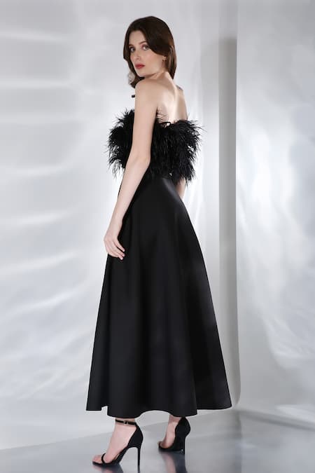 Shop Ozeqo Black Neoprene Hand Embroidered Feather Work Gaia Dress And Wrap Set at Aza Fashions Shop_Ozeqo_Black Neoprene Hand Embroidered Feather Work Gaia Dress And Wrap Set _at_Aza_Fashions