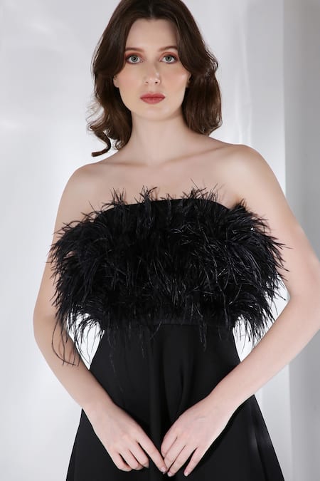Ozeqo Black Neoprene Hand Embroidered Feather Work Gaia Dress And Wrap Set Online at Aza Fashions Ozeqo_Black Neoprene Hand Embroidered Feather Work Gaia Dress And Wrap Set _Online_at_Aza_Fashions