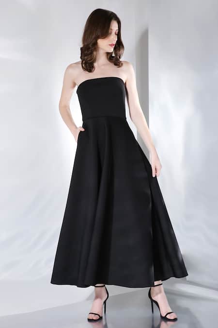 Ozeqo Black Neoprene Bandeau Neck Gaia Flared Skater Dress 