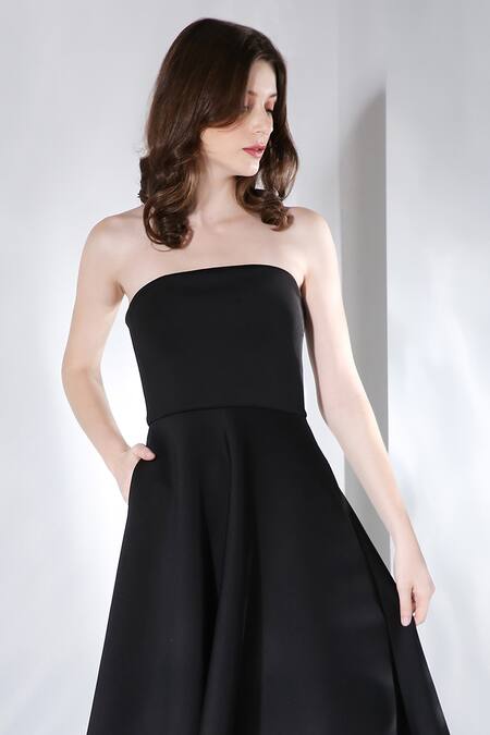 Ozeqo_Black Neoprene Bandeau Neck Gaia Flared Skater Dress _Online_at_Aza_Fashions