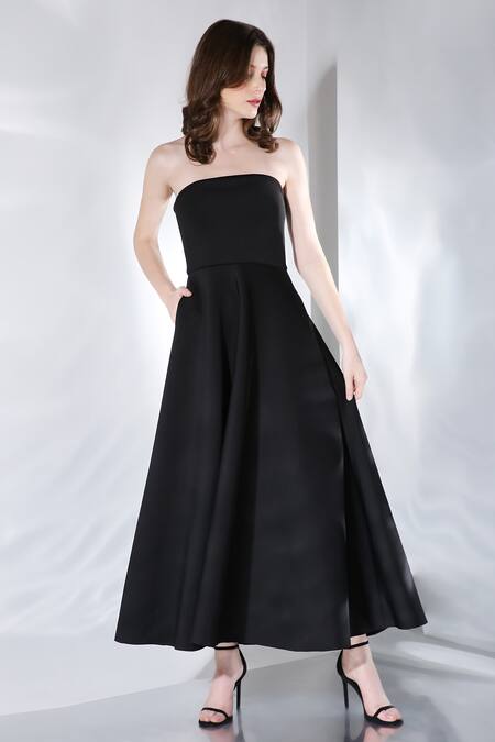 Ozeqo Black Neoprene One Shoulder Gaia Dress And Ruffle Overlay Set Online at Aza Fashions Ozeqo_Black Neoprene One Shoulder Gaia Dress And Ruffle Overlay Set _Online_at_Aza_Fashions