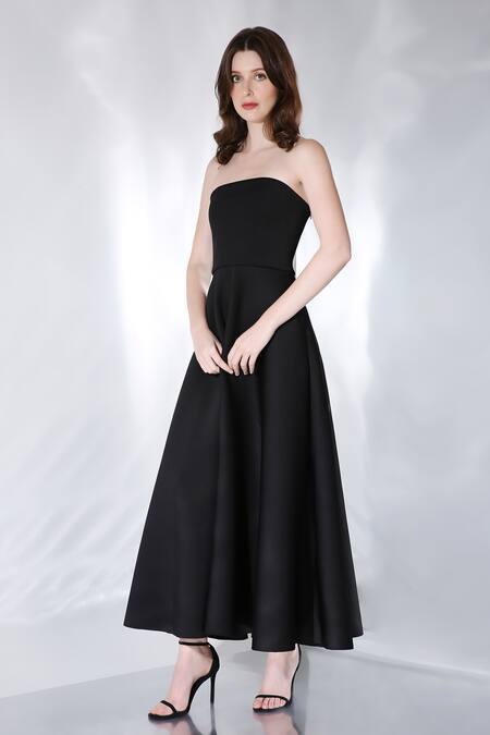 Buy Ozeqo Black Neoprene One Shoulder Gaia Dress And Ruffle Overlay Set Online at Aza Fashions Buy_Ozeqo_Black Neoprene One Shoulder Gaia Dress And Ruffle Overlay Set _Online_at_Aza_Fashions