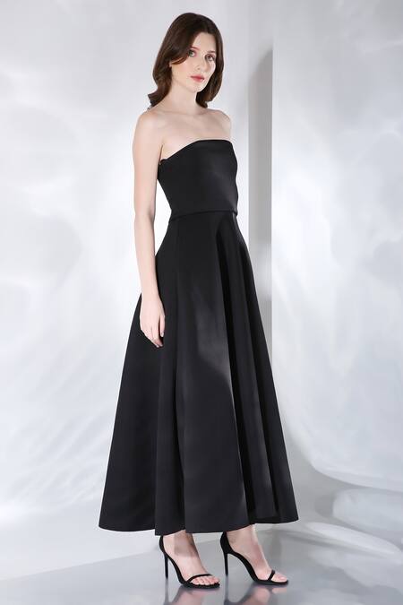 Shop Ozeqo Black Neoprene One Shoulder Gaia Dress And Ruffle Overlay Set Online at Aza Fashions Shop_Ozeqo_Black Neoprene One Shoulder Gaia Dress And Ruffle Overlay Set _Online_at_Aza_Fashions