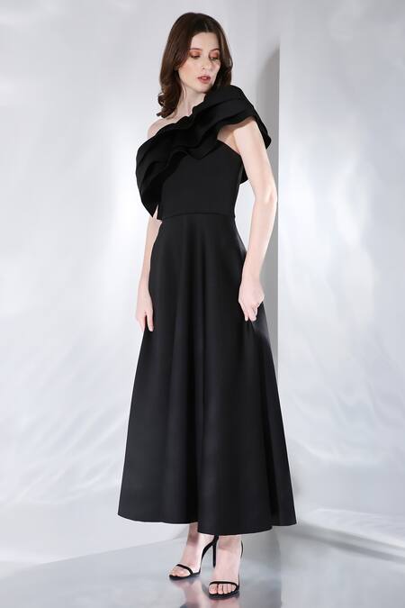 Ozeqo Black Neoprene One Shoulder Gaia Dress And Ruffle Overlay Set at Aza Fashions Ozeqo_Black Neoprene One Shoulder Gaia Dress And Ruffle Overlay Set _at_Aza_Fashions